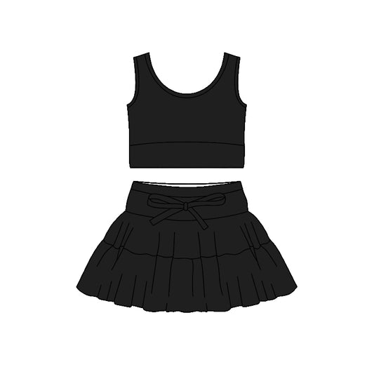 MOQ 5 PCS preorder GSD3620 Solid Black Sleeveless Top with Skirts for Girls Yoga Sets 202601