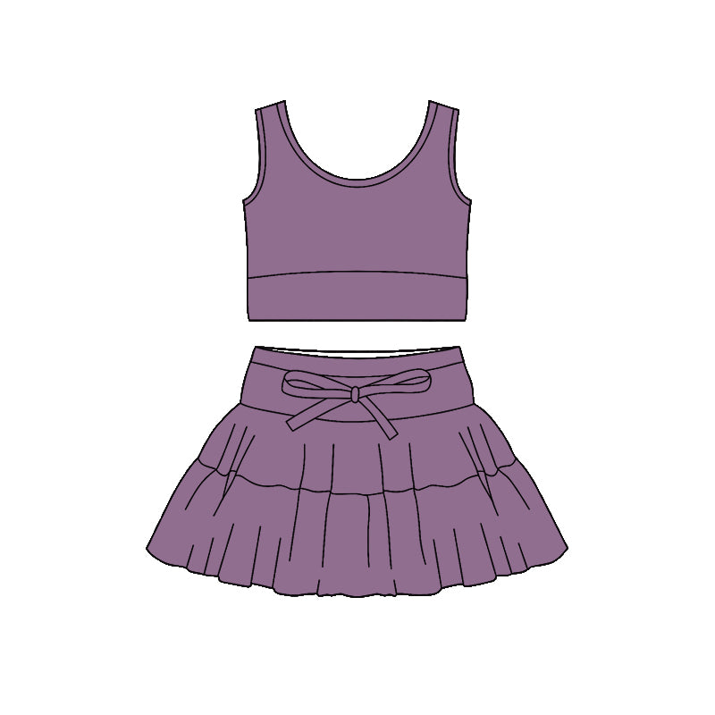 MOQ 5 PCS preorder GSD3622 Solid Gray Purple Sleeveless Top with Skirts for Girls Yoga Sets 202601