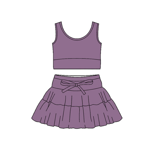 MOQ 5 PCS preorder GSD3622 Solid Gray Purple Sleeveless Top with Skirts for Girls Yoga Sets 202601