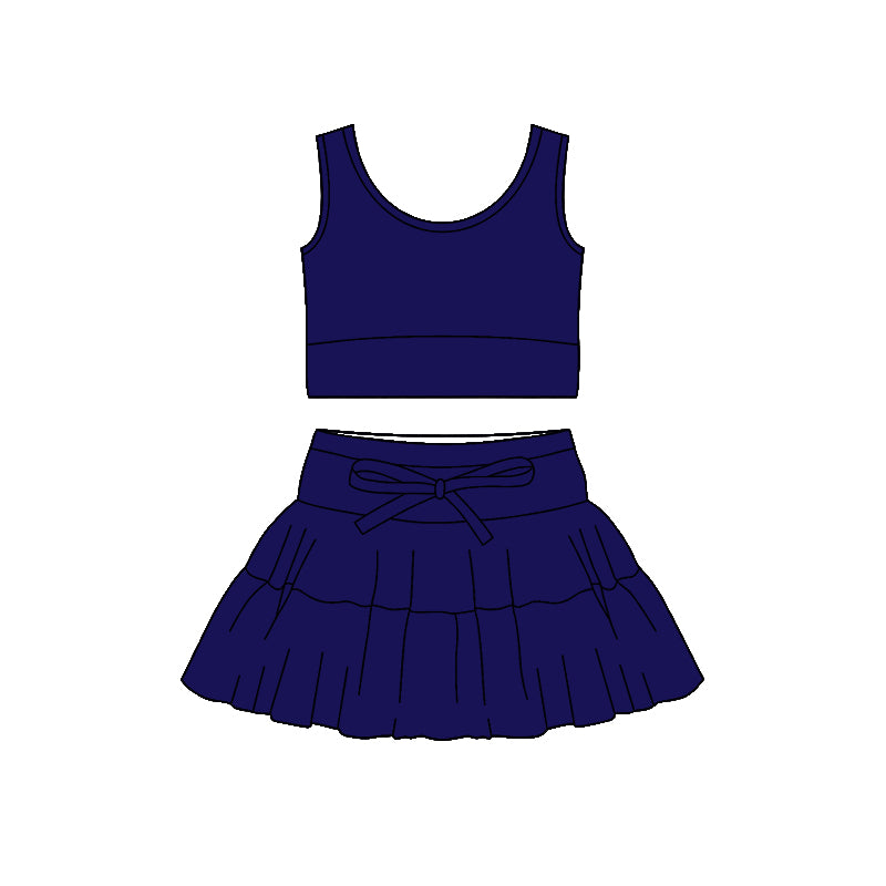 MOQ 5 PCS preorder GSD3623 Solid Navy Sleeveless Top with Skirts for Girls Yoga Sets 202601