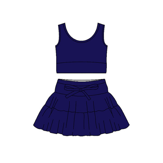 MOQ 5 PCS preorder GSD3623 Solid Navy Sleeveless Top with Skirts for Girls Yoga Sets 202601