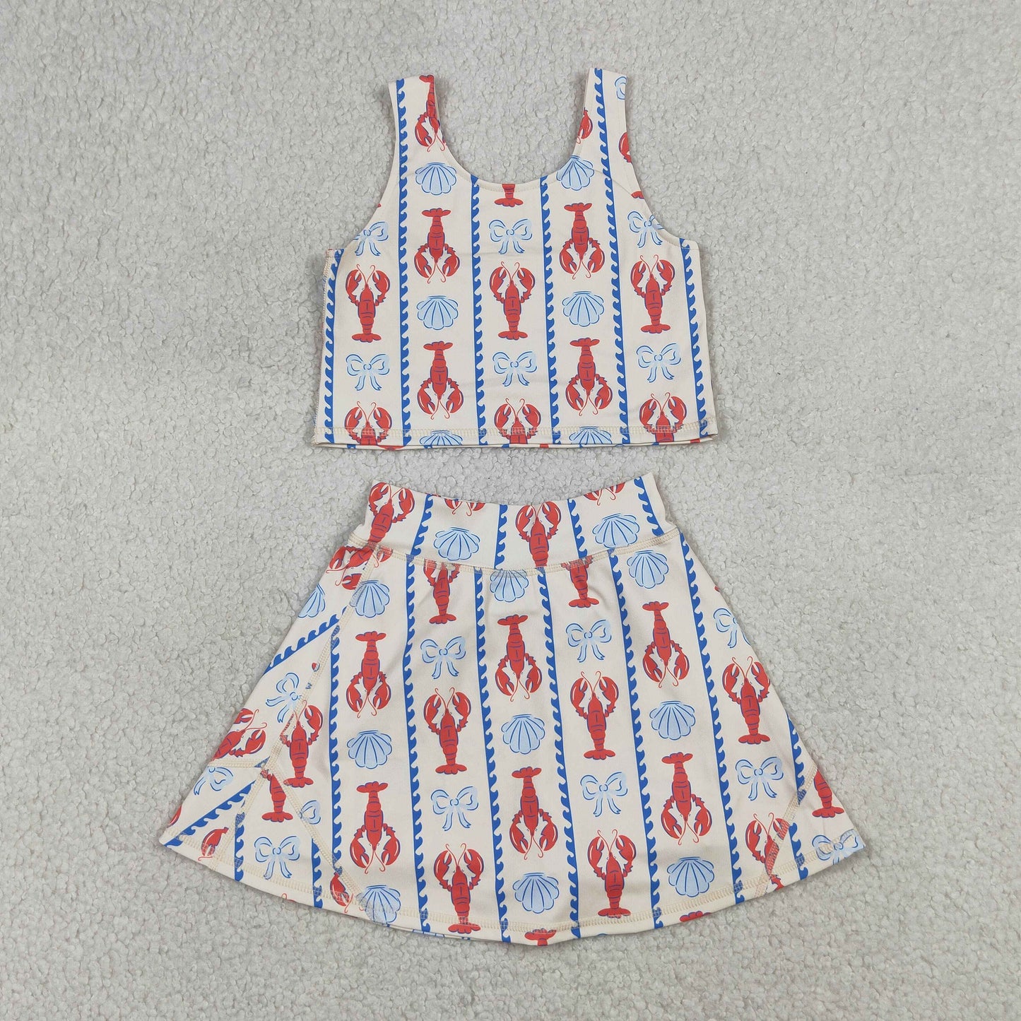 GSD3626 Crayfish Bows Shell Stripe Beige Sleeveless Top with Skirts for Girls Yoga Sets 202604 RTS