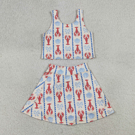 GSD3626 Crayfish Bows Shell Stripe Beige Sleeveless Top with Skirts for Girls Yoga Sets 202604 RTS