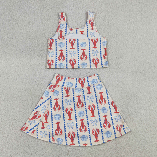 GSD3626 Crayfish Bows Shell Stripe Beige Sleeveless Top with Skirts for Girls Yoga Sets 202604 RTS