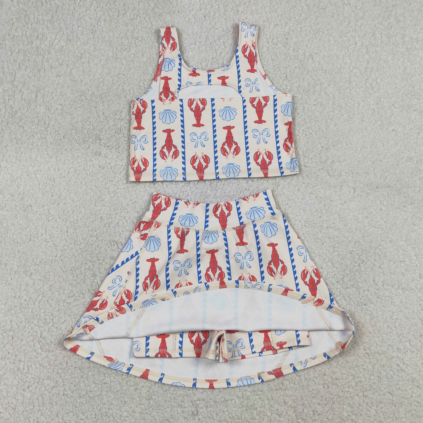 GSD3626 Crayfish Bows Shell Stripe Beige Sleeveless Top with Skirts for Girls Yoga Sets 202604 RTS