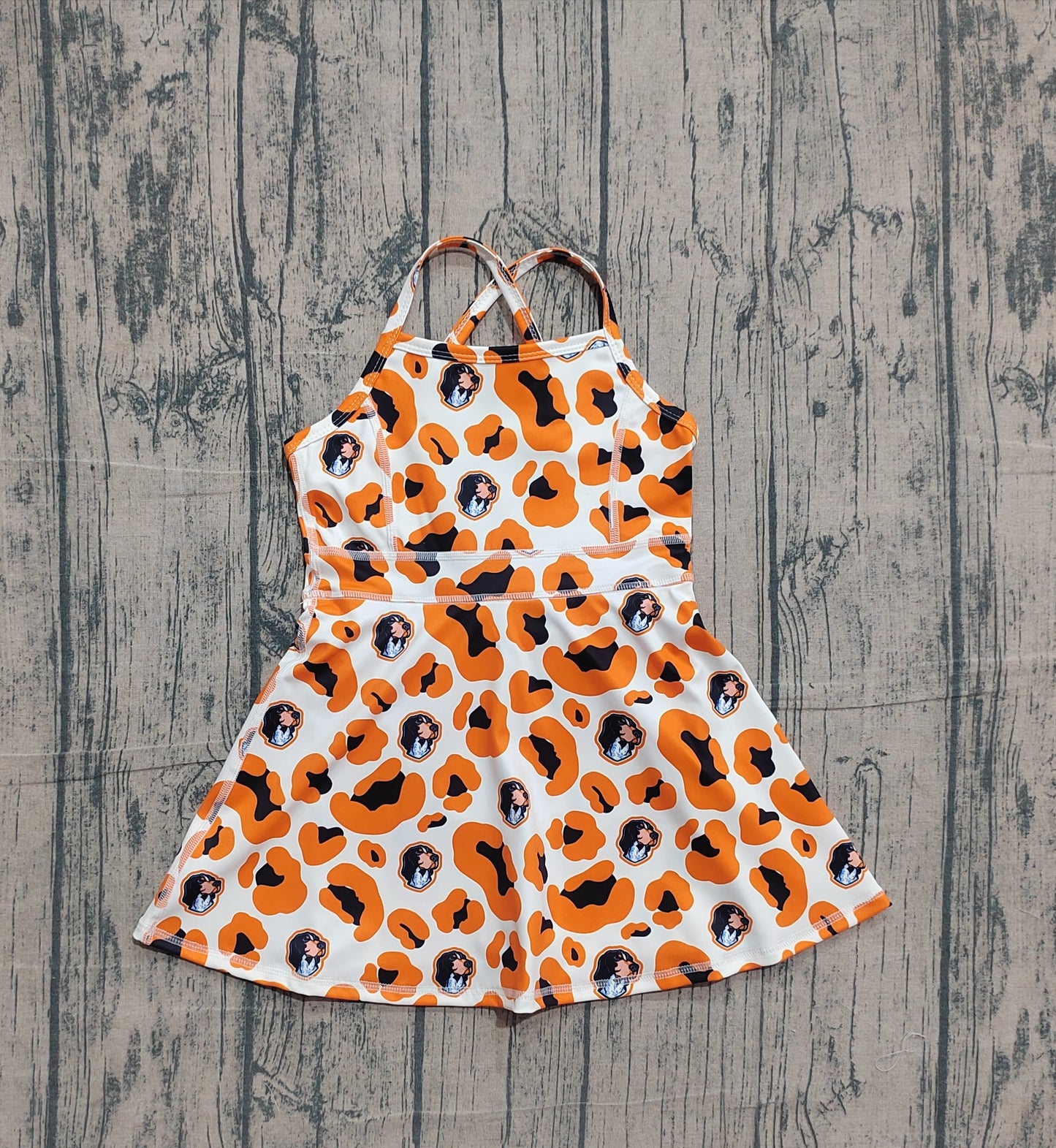 NO MOQ preorder GSD3634 Go Team Puppy Orange Black Leopard Yoga Sleeveless Dresses for Girls 202601