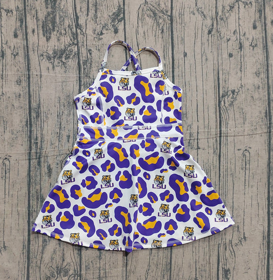 NO MOQ preorder GSD3639 Go Team LSU Purple Orange Leopard Yoga Sleeveless Dresses for Girls 202601