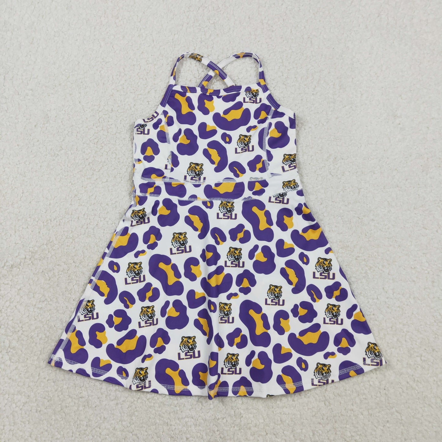 GSD3639 Go Team LSU Purple Orange Leopard Yoga Sleeveless Dresses for Girls 202602 RTS