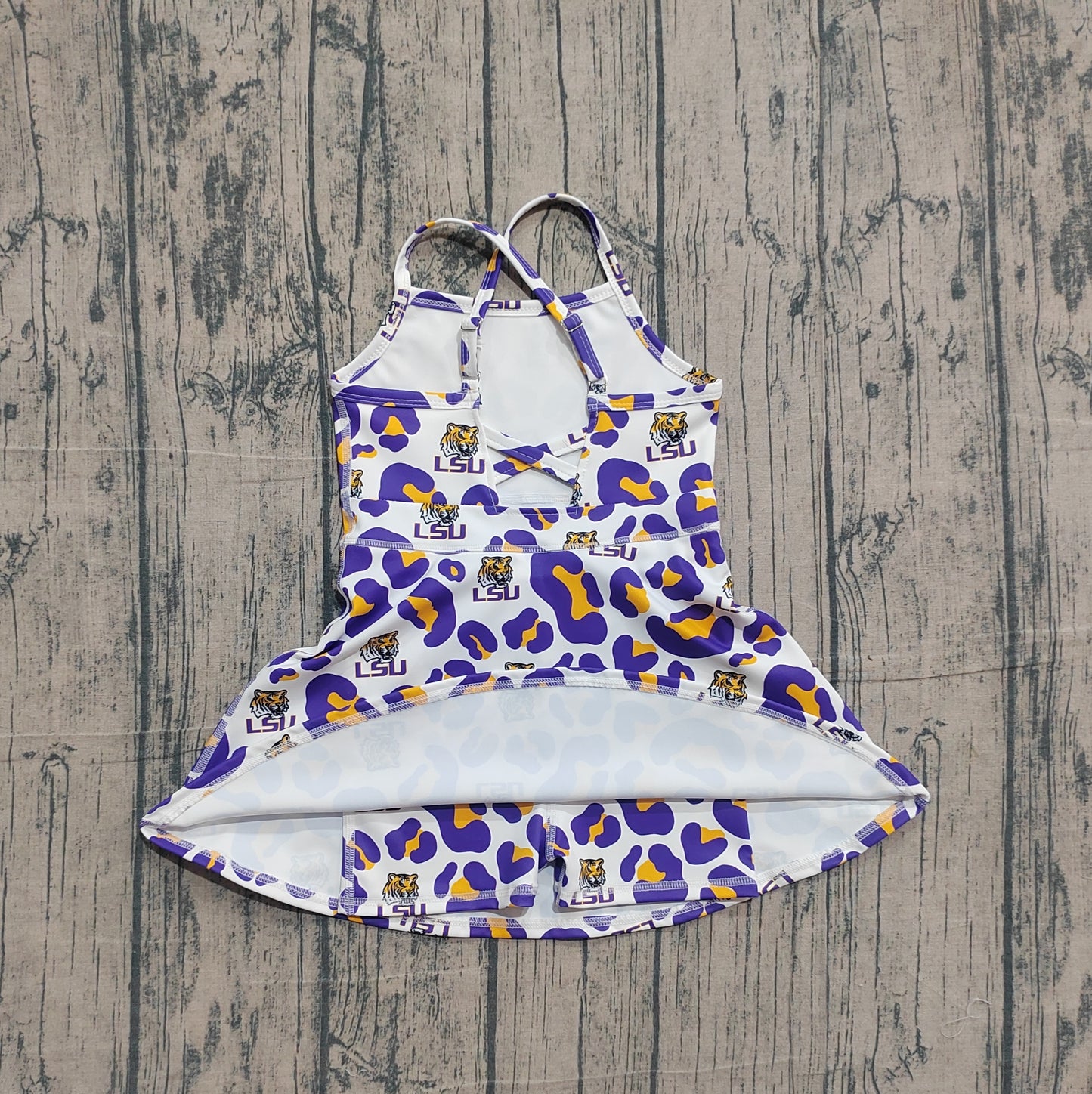 NO MOQ preorder GSD3639 Go Team LSU Purple Orange Leopard Yoga Sleeveless Dresses for Girls 202601