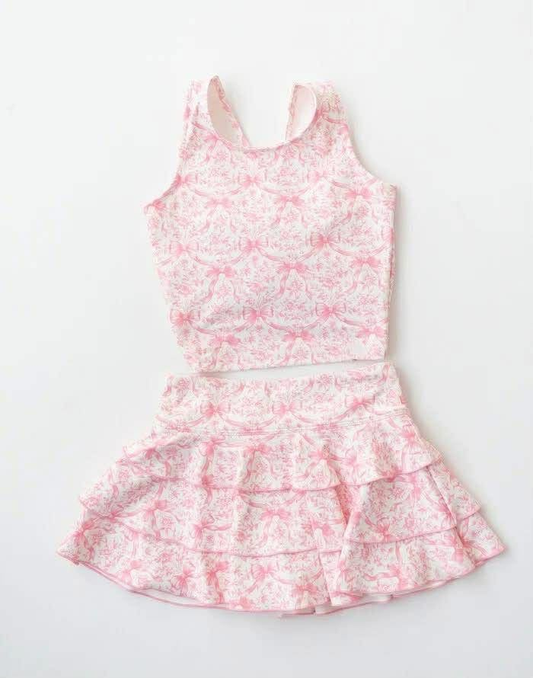 MOQ 5 PCS preorder GSD3640 Floral Pink Bows Sleeveless Top with Skirts for Girls Yoga Sets 202601