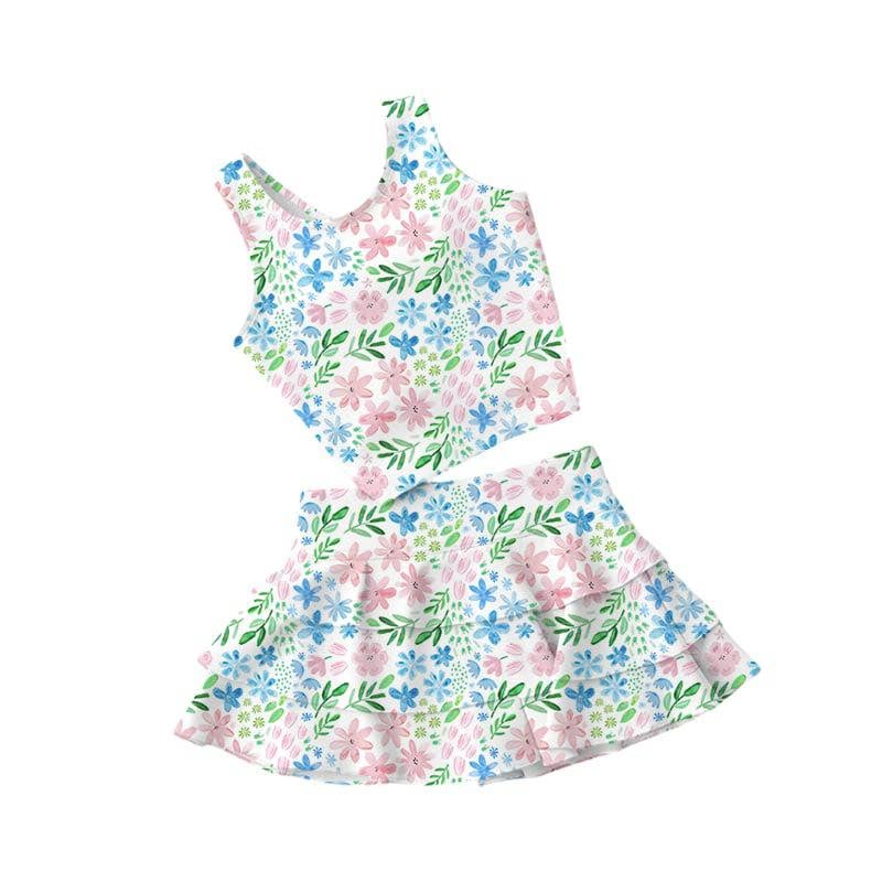 MOQ 5 PCS preorder GSD3641 Flower Leaf Sleeveless Top with Skirts for Girls Yoga Sets 202601