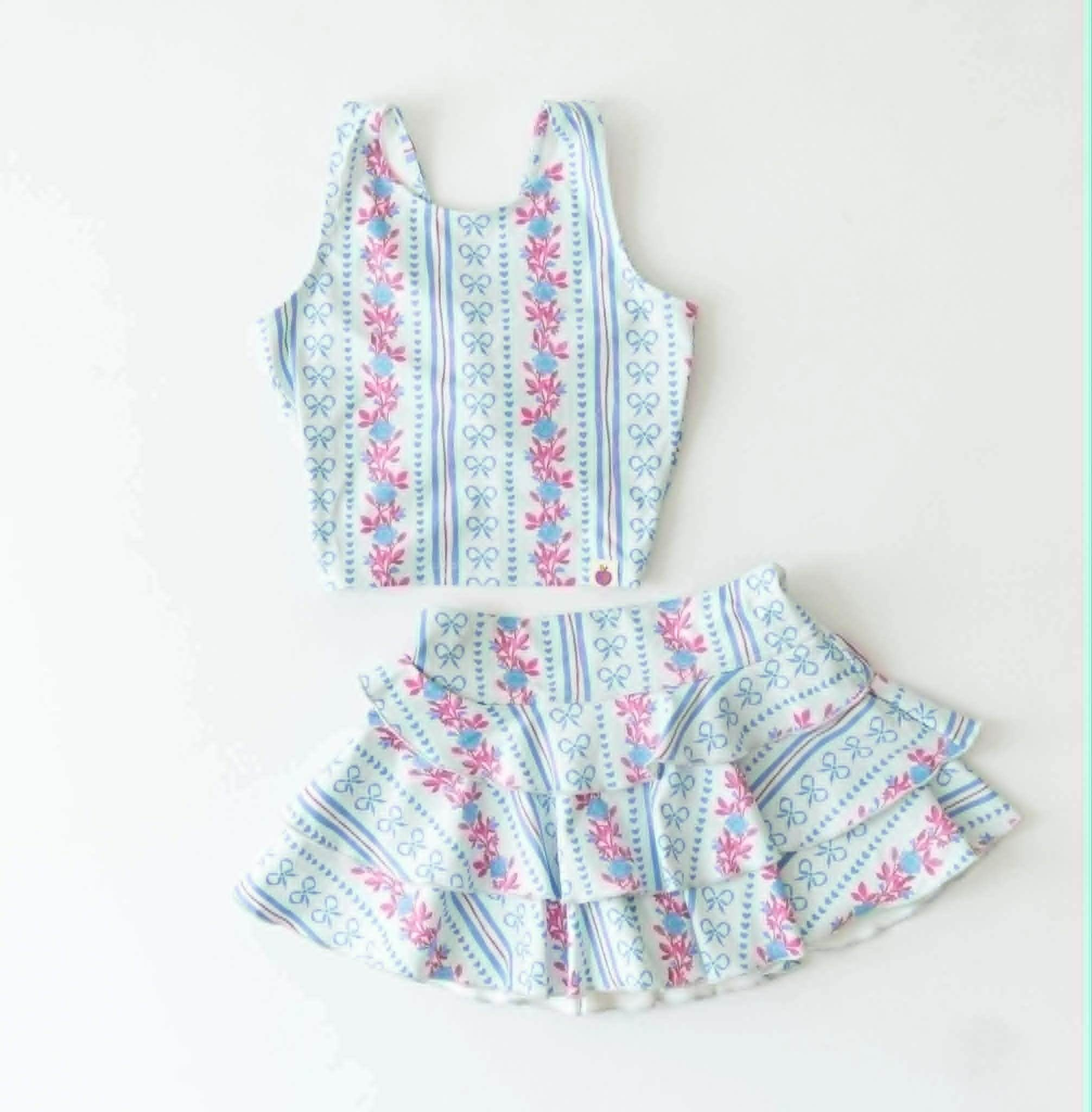 MOQ 5 PCS preorder GSD3642 Flower Blue Bows Love Stripe Sleeveless Top with Skirts for Girls Yoga Sets 202601