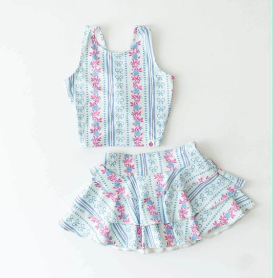 MOQ 5 PCS preorder GSD3642 Flower Blue Bows Love Stripe Sleeveless Top with Skirts for Girls Yoga Sets 202601