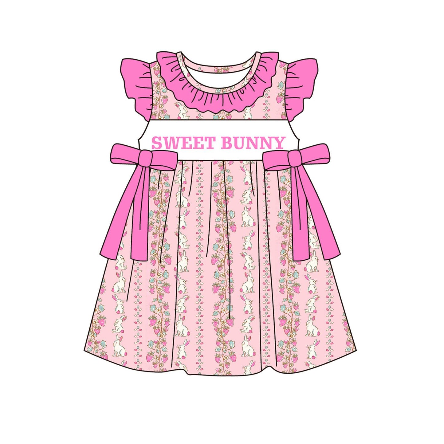 MOQ 5 PCS Preorder GSD3645 Easter Sweet Bunny Bows Rose Red Flying Sleeve Dresses for Girls 202601