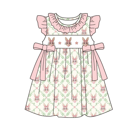 MOQ 5 PCS Preorder GSD3646 Easter Bunny Bows Flower Leaf Pink Flying Sleeve Dresses for Girls 202601