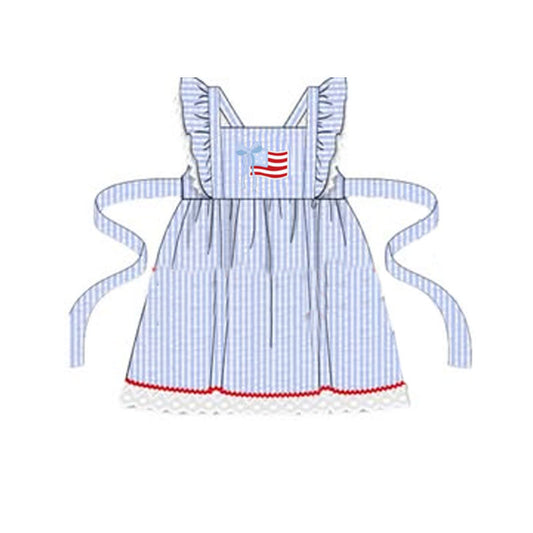 MOQ 5 PCS Preorder GSD3647 4th of July Bow Flag Lace Ruffle Blue Plaid Flying Sleeve Dresses for Girls 202601