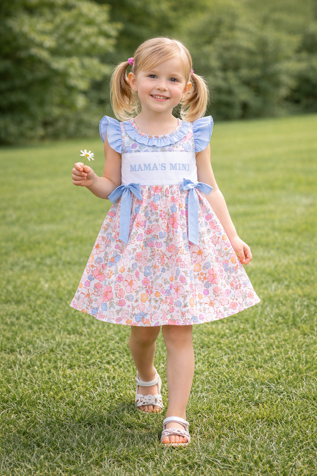 GSD3648 MAMA'S MINI Flower Bows Blue Purple Flying Sleeve Dresses for Girls 202604