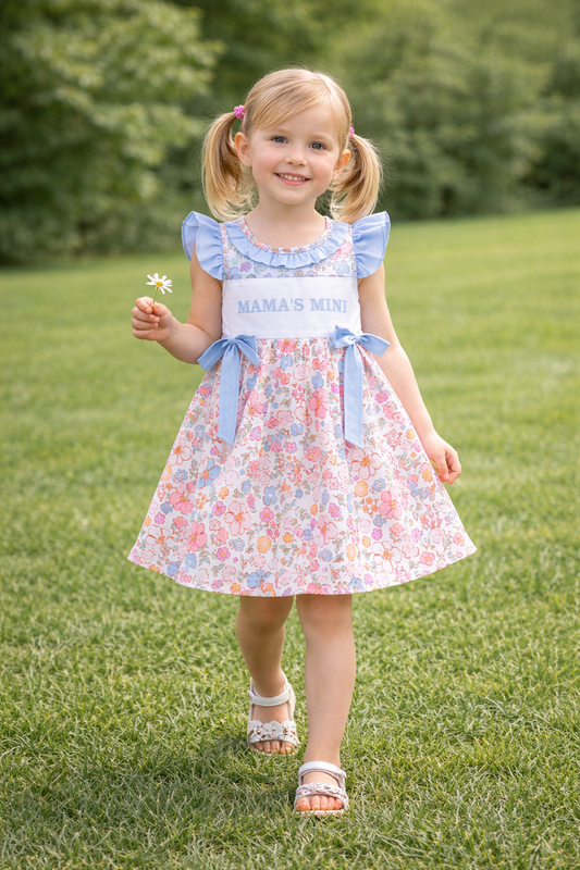 GSD3648 MAMA'S MINI Flower Bows Blue Purple Flying Sleeve Dresses for Girls 202604