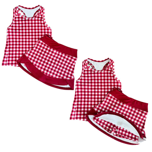 MOQ 5 PCS preorder GSD3650 Solid Red Plaid Sleeveless Top with Skirts for Girls Yoga Sets 202601
