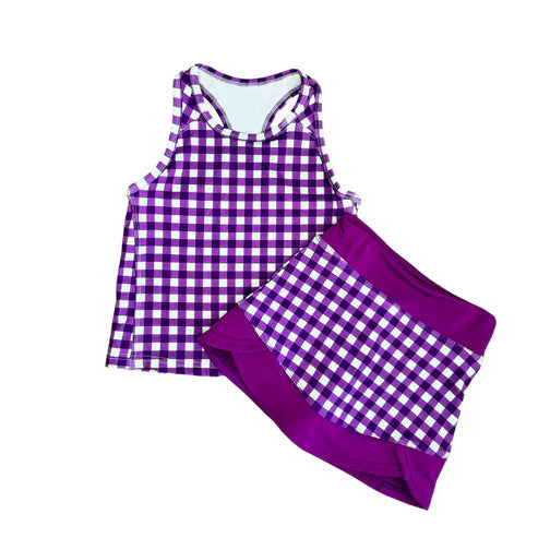 MOQ 5 PCS preorder GSD3651 Solid Purple Plaid Sleeveless Top with Skirts for Girls Yoga Sets 202601