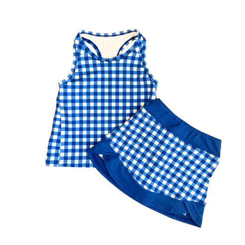 MOQ 5 PCS preorder GSD3652 Solid Blue Plaid Sleeveless Top with Skirts for Girls Yoga Sets 202601