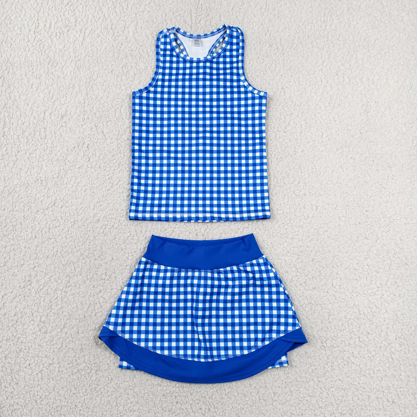 GSD3652 Solid Blue Plaid Sleeveless Top with Skirts for Girls Yoga Sets 202606 RTS