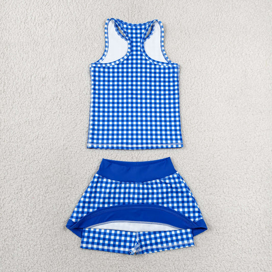 GSD3652 Solid Blue Plaid Sleeveless Top with Skirts for Girls Yoga Sets 202606 RTS