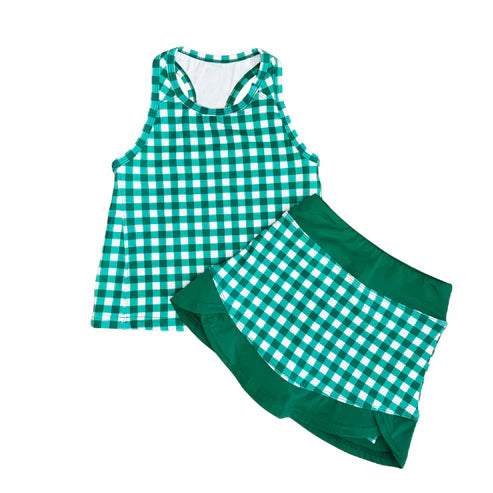 MOQ 5 PCS preorder GSD3653 Solid Green Plaid Sleeveless Top with Skirts for Girls Yoga Sets 202601