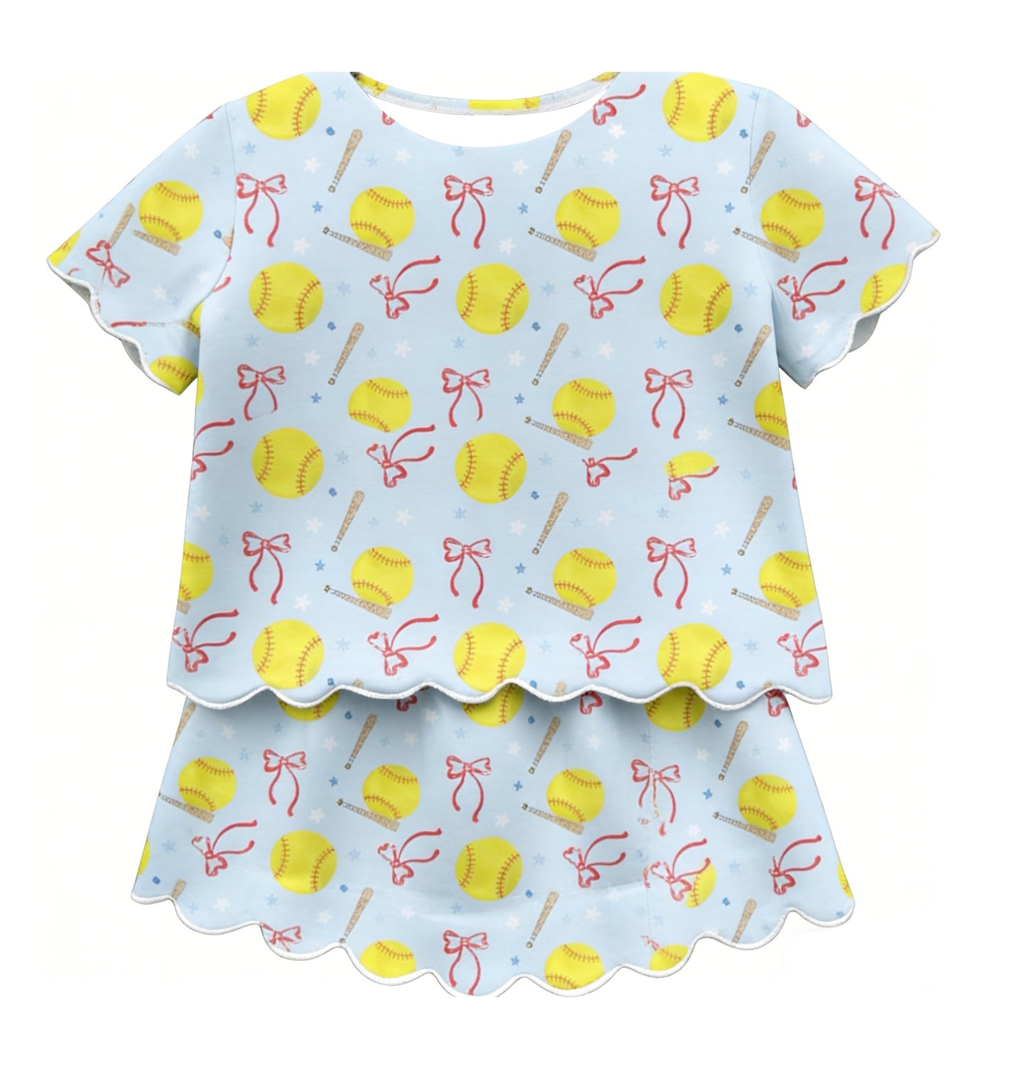 MOQ 5 PCS preorder GSD3655 Softball Star Bows Light Blue Short Sleeve Shorts Skirts Girls Yoga Sets 202601