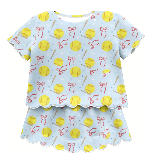 MOQ 5 PCS preorder GSD3655 Softball Star Bows Light Blue Short Sleeve Shorts Skirts Girls Yoga Sets 202601