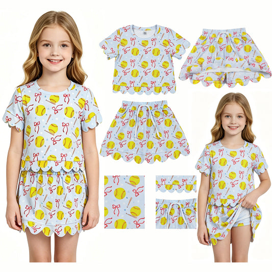 GSD3655 Softball Star Bows Light Blue Short Sleeve Shorts Skirts Girls Yoga Sets 202604 RTS