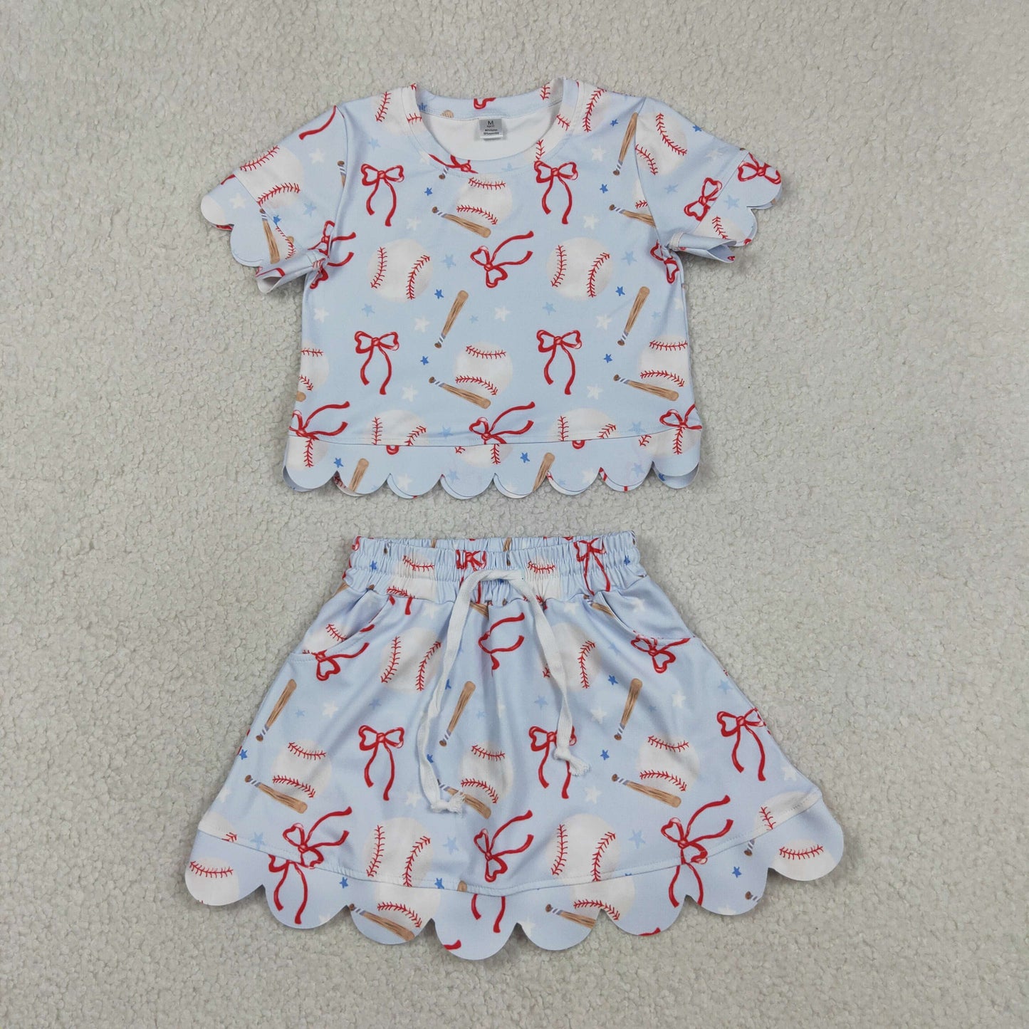 GSD3656 Baseball Star Bows Light Blue Short Sleeve Shorts Skirts Girls Yoga Sets 202604 RTS