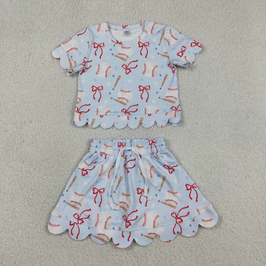 GSD3656 Baseball Star Bows Light Blue Short Sleeve Shorts Skirts Girls Yoga Sets 202604 RTS