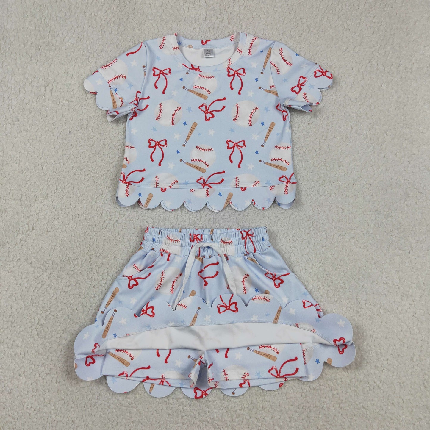 GSD3656 Baseball Star Bows Light Blue Short Sleeve Shorts Skirts Girls Yoga Sets 202604 RTS