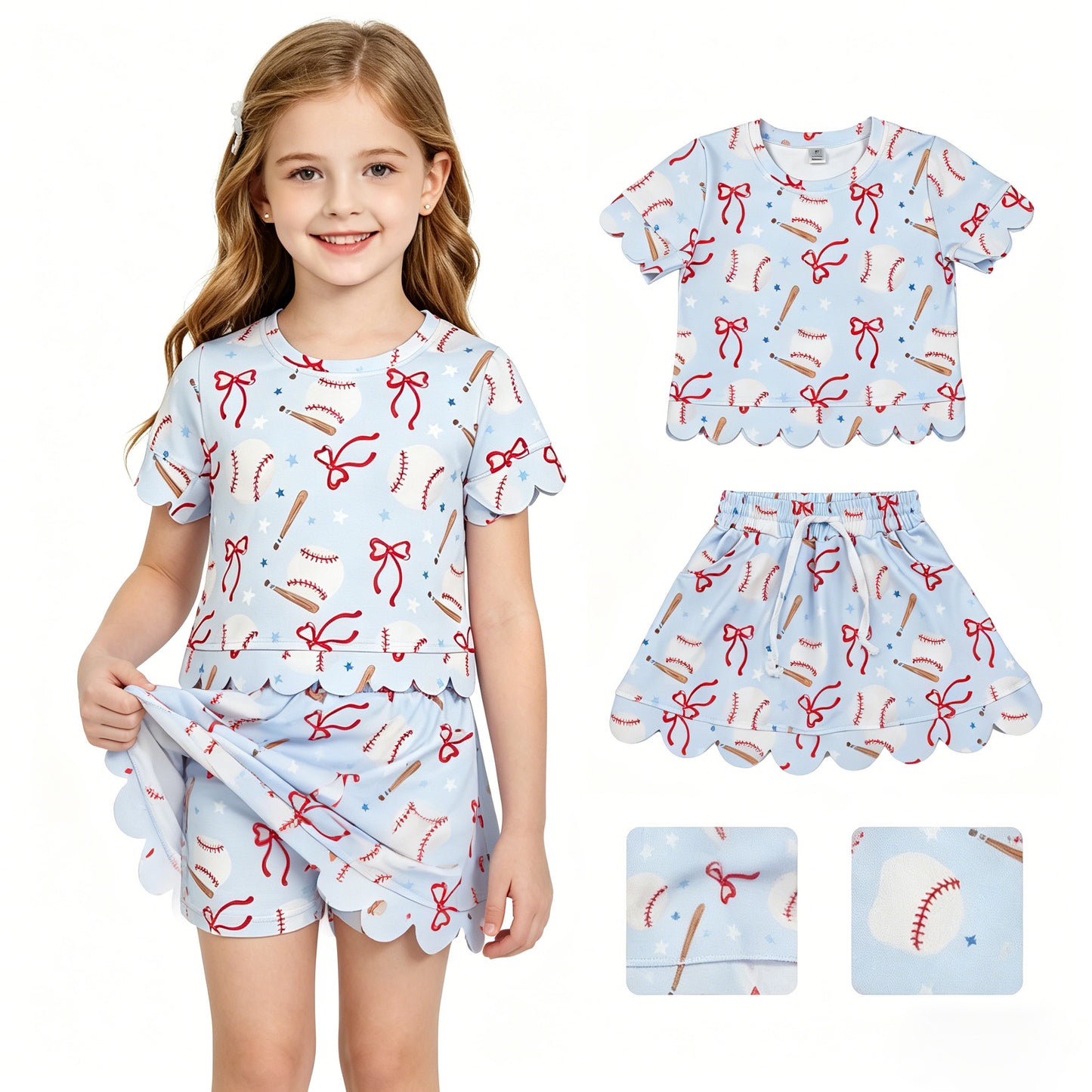 GSD3656 Baseball Star Bows Light Blue Short Sleeve Shorts Skirts Girls Yoga Sets 202604 RTS