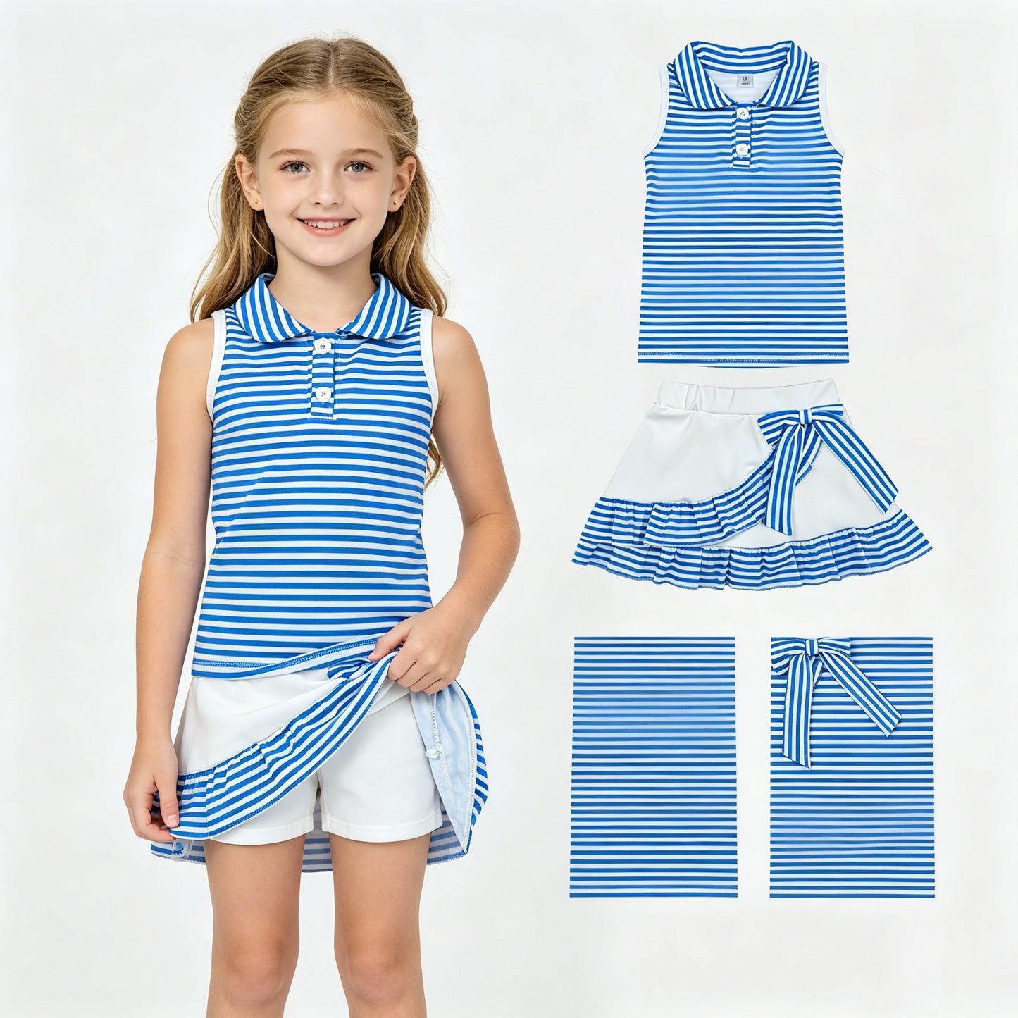 GSD3661 GO TEAM Blue Stripe Polo Sleeveless Top with Skirts for Girls Yoga Sets 202604 RTS