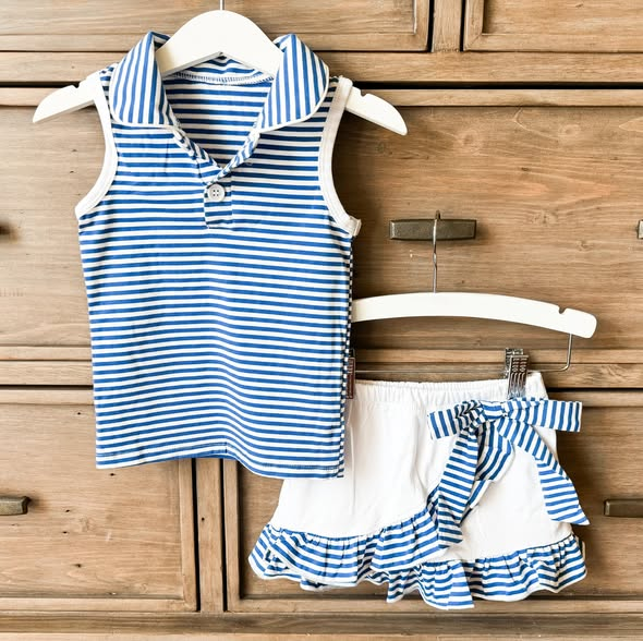 MOQ 5 PCS preorder GSD3661 GO TEAM Blue Stripe Polo Sleeveless Top with Skirts for Girls Yoga Sets 202601