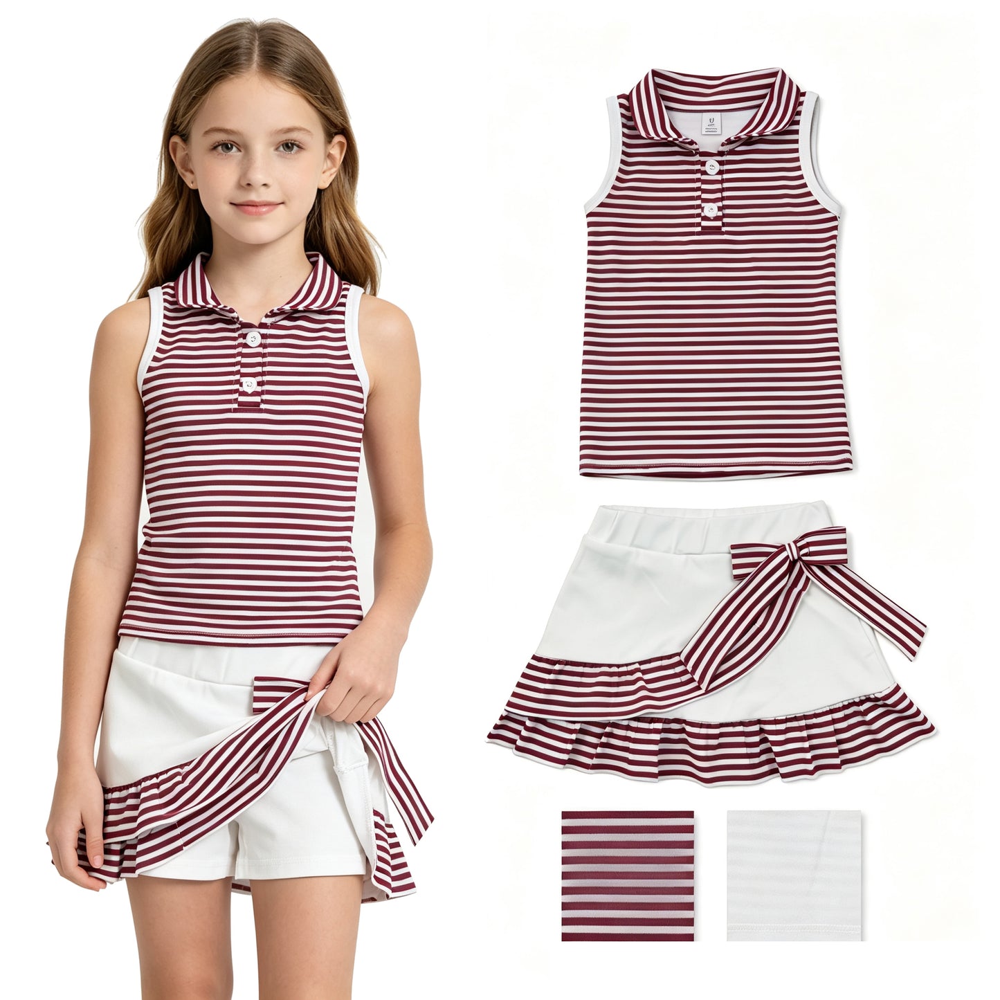 GSD3662 GO TEAM Red Stripe Polo Sleeveless Top with Skirts for Girls Yoga Sets 202607 RTS