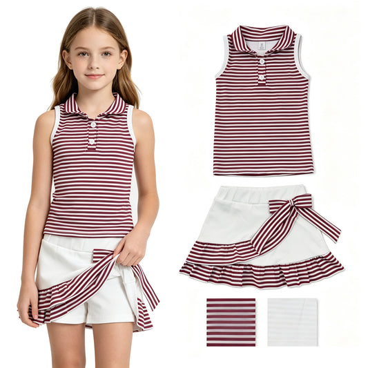 GSD3662 GO TEAM Red Stripe Polo Sleeveless Top with Skirts for Girls Yoga Sets 202607 RTS