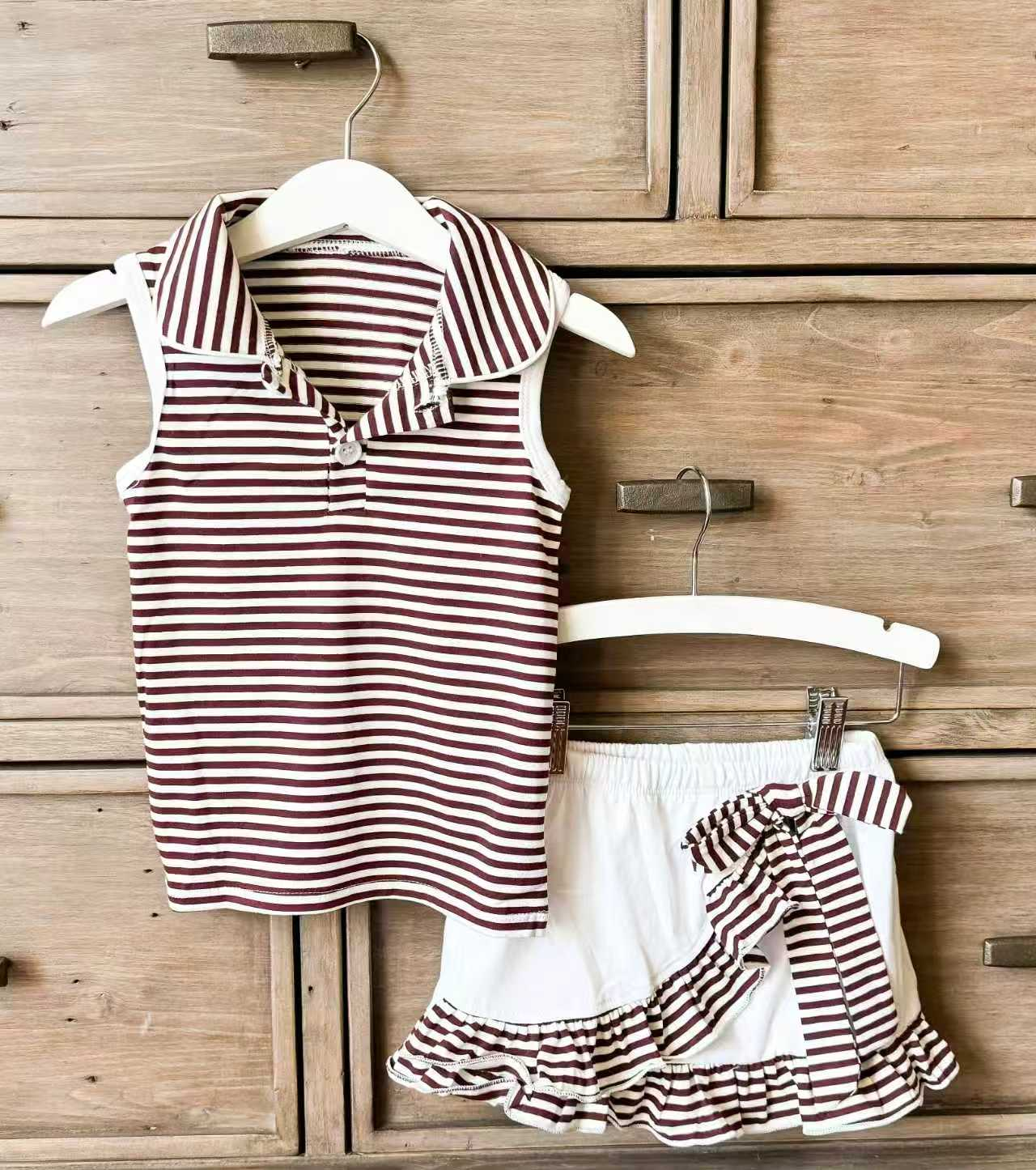 MOQ 5 PCS preorder GSD3662 GO TEAM Brown Stripe Polo Sleeveless Top with Skirts for Girls Yoga Sets 202601