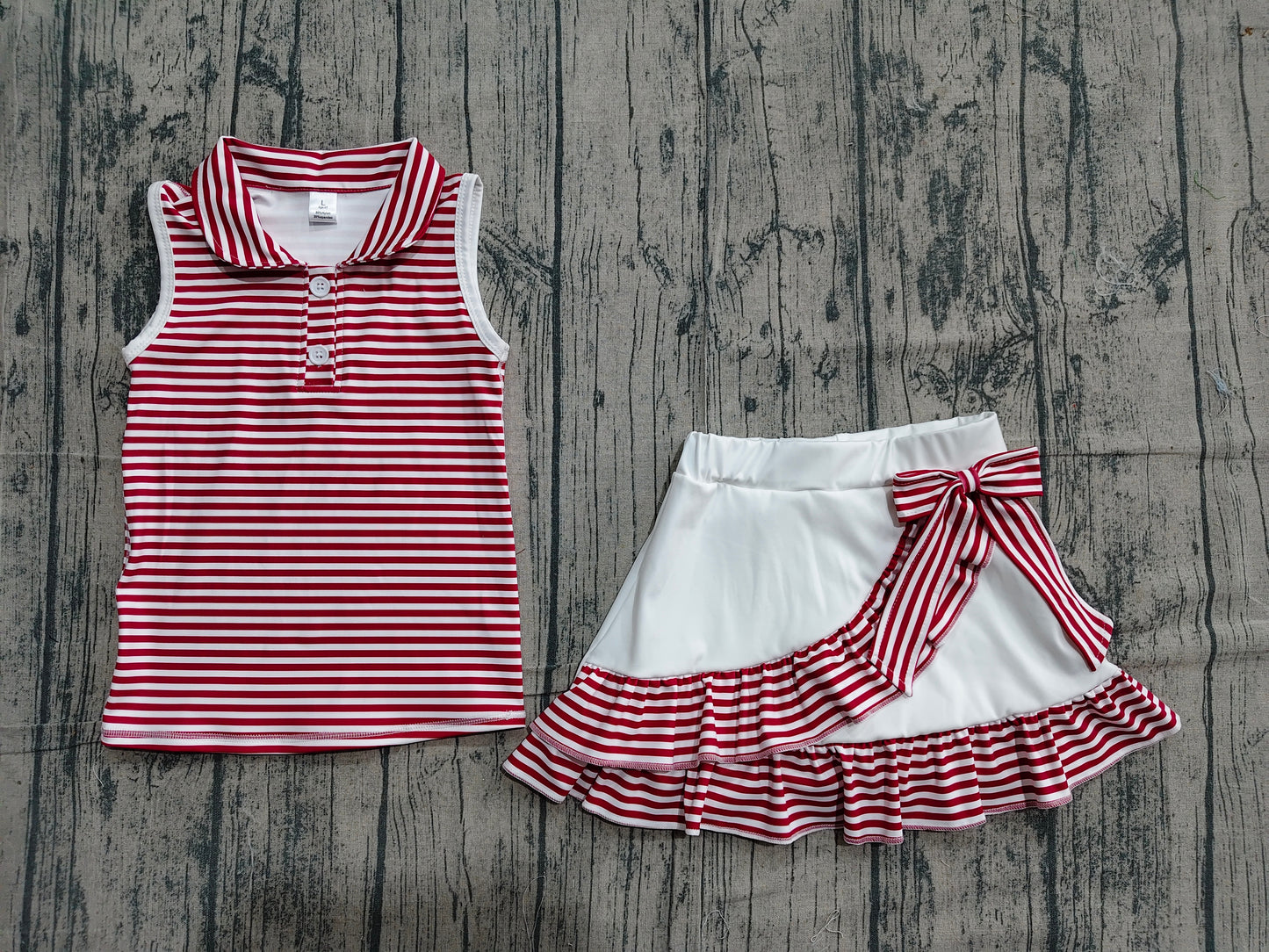 NO MOQ preorder GSD3662 GO TEAM Red Stripe Polo Sleeveless Top with Skirts for Girls Yoga Sets 202604