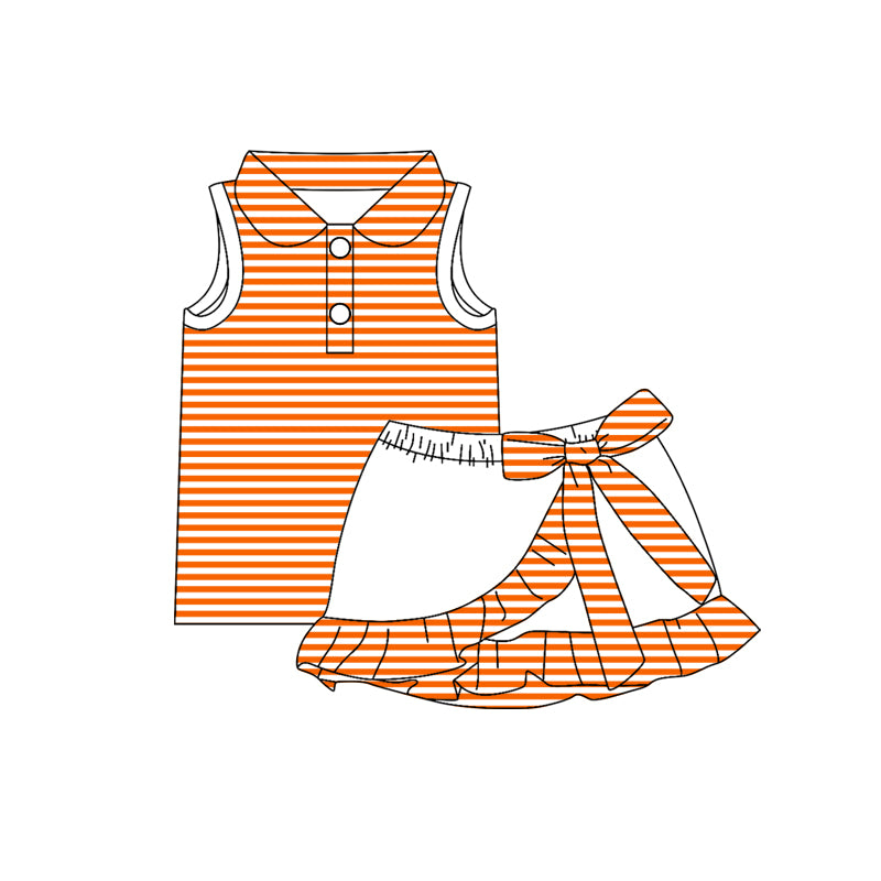 MOQ 5 PCS preorder GSD3663 GO TEAM Orange Stripe Polo Sleeveless Top with Skirts for Girls Yoga Sets 202601