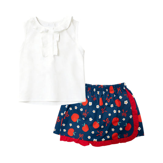 MOQ 5 PCS preorder GSD3664 Back to School Solid White Ruffle Sleeveless Top with Apple Flower Bows Navy Skirts for Girls Sets 202601