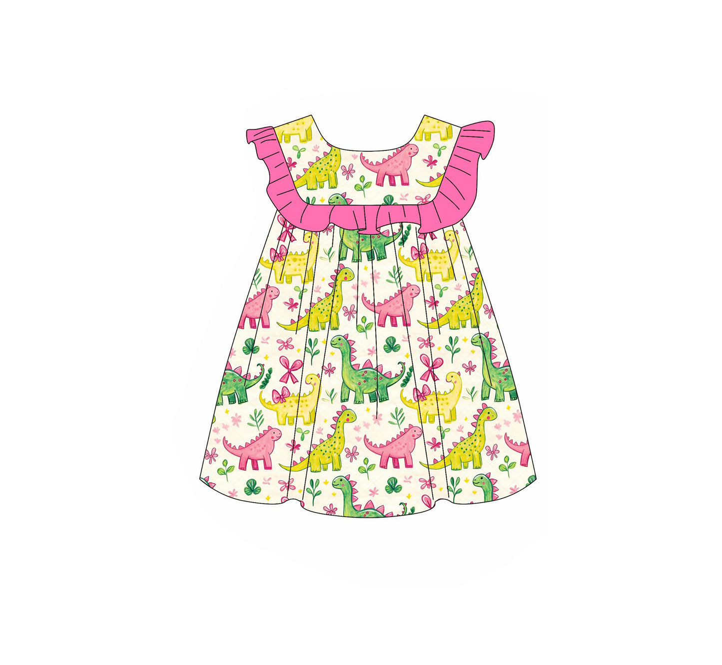 MOQ 5 PCS Preorder GSD3667 Dinosaur Flower Leaf Bows Rose Red Ruffle Fly Sleeve Dresses for Girls 202601