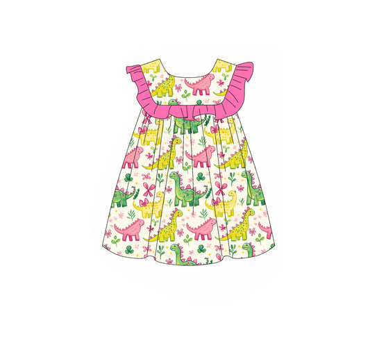 MOQ 5 PCS Preorder GSD3667 Dinosaur Flower Leaf Bows Rose Red Ruffle Fly Sleeve Dresses for Girls 202601