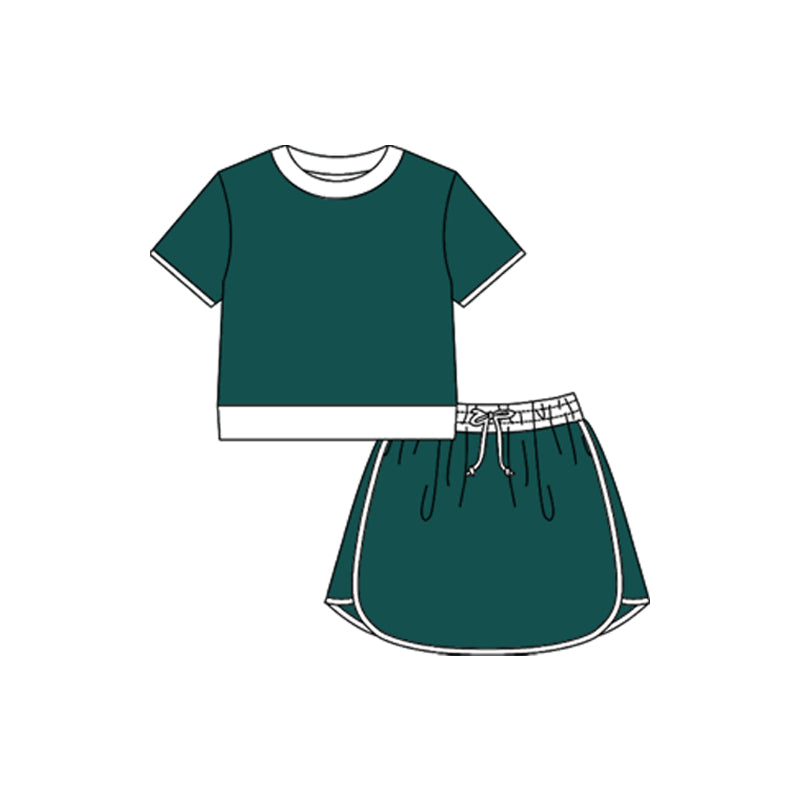 MOQ 5 PCS preorder GSD3670 Dark Green White Patchwork Short Sleeve Top with Skirts for Girls Yoga Sets 202601