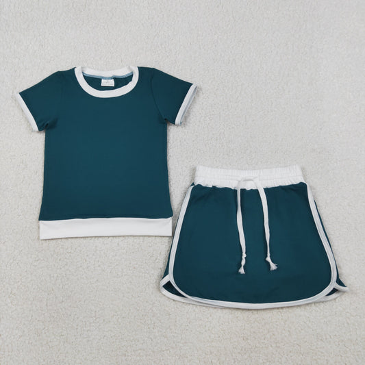 GSD3670 Dark Green White Patchwork Short Sleeve Top with Skirts for Girls Cotton Sets 202603 RTS