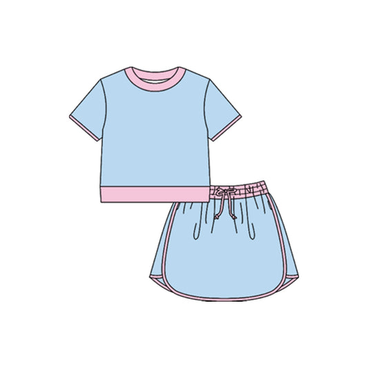 MOQ 5 PCS preorder GSD3671 Blue Pink Patchwork Short Sleeve Top with Skirts for Girls Yoga Sets 202601