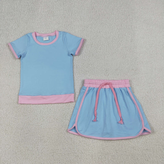 GSD3671 Blue Pink Patchwork Short Sleeve Top with Skirts for Girls Cotton Sets 202603 RTS