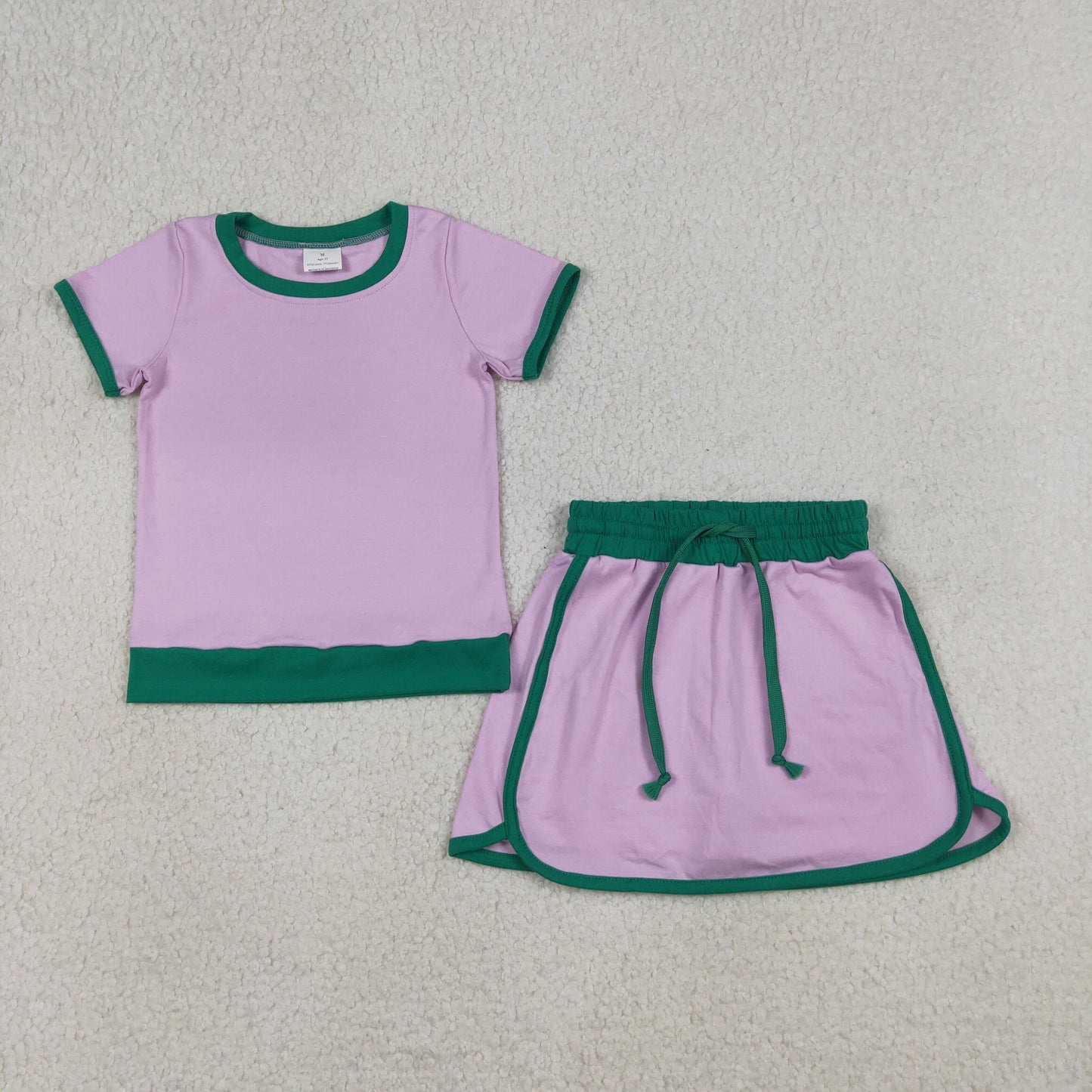 GSD3672 Pink Green Patchwork Short Sleeve Top with Skirts for Girls Cotton Sets 202604 RTS